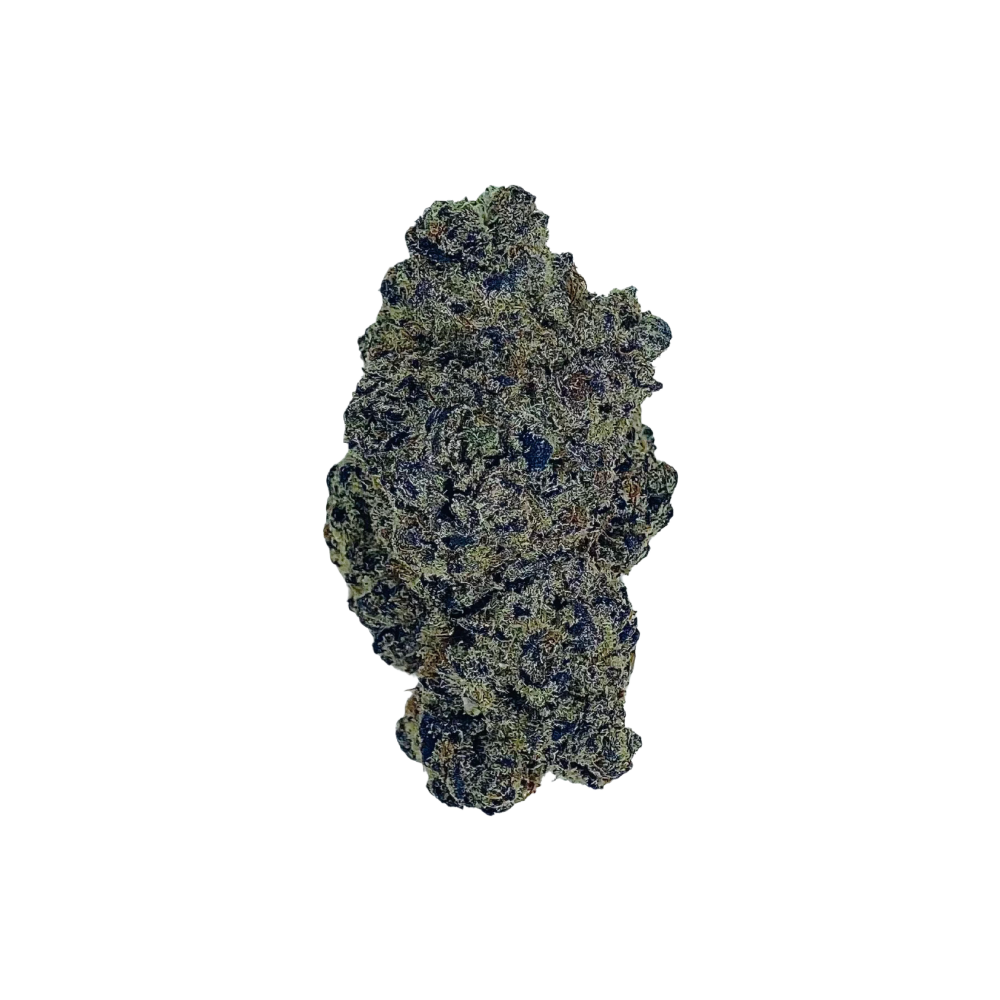 Haven Herb premium indica flower dense bud with trichomes on black background