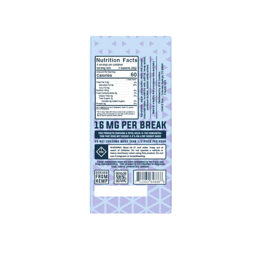 Haven Herb purple hemp edible box back showing nutrition facts calories 60 16 MG PER BREAK dosage warning