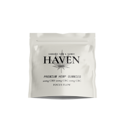 Haven Herb premium hemp focus gummies for adults with 20mg CBD 20mg CBG and 10mg CBC in white resealable pouch