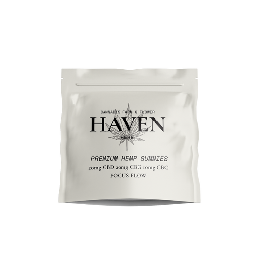 Haven Herb premium hemp focus gummies for adults with 20mg CBD 20mg CBG and 10mg CBC in white resealable pouch