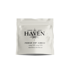Haven Herb premium hemp gummies package with 25mg CBD and 25mg CBN for restful retreat