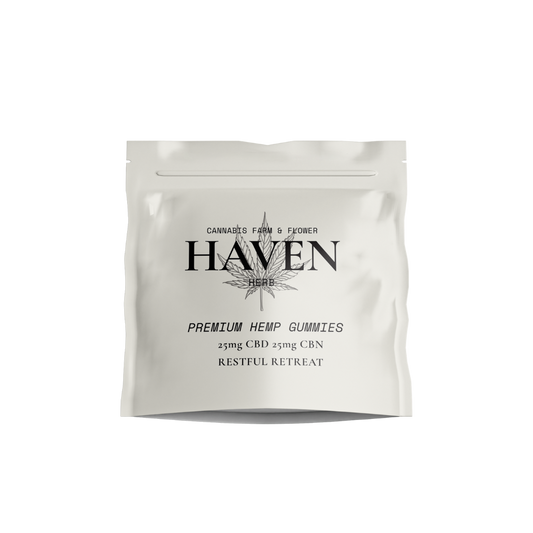 Haven Herb premium hemp gummies package with 25mg CBD and 25mg CBN for restful retreat