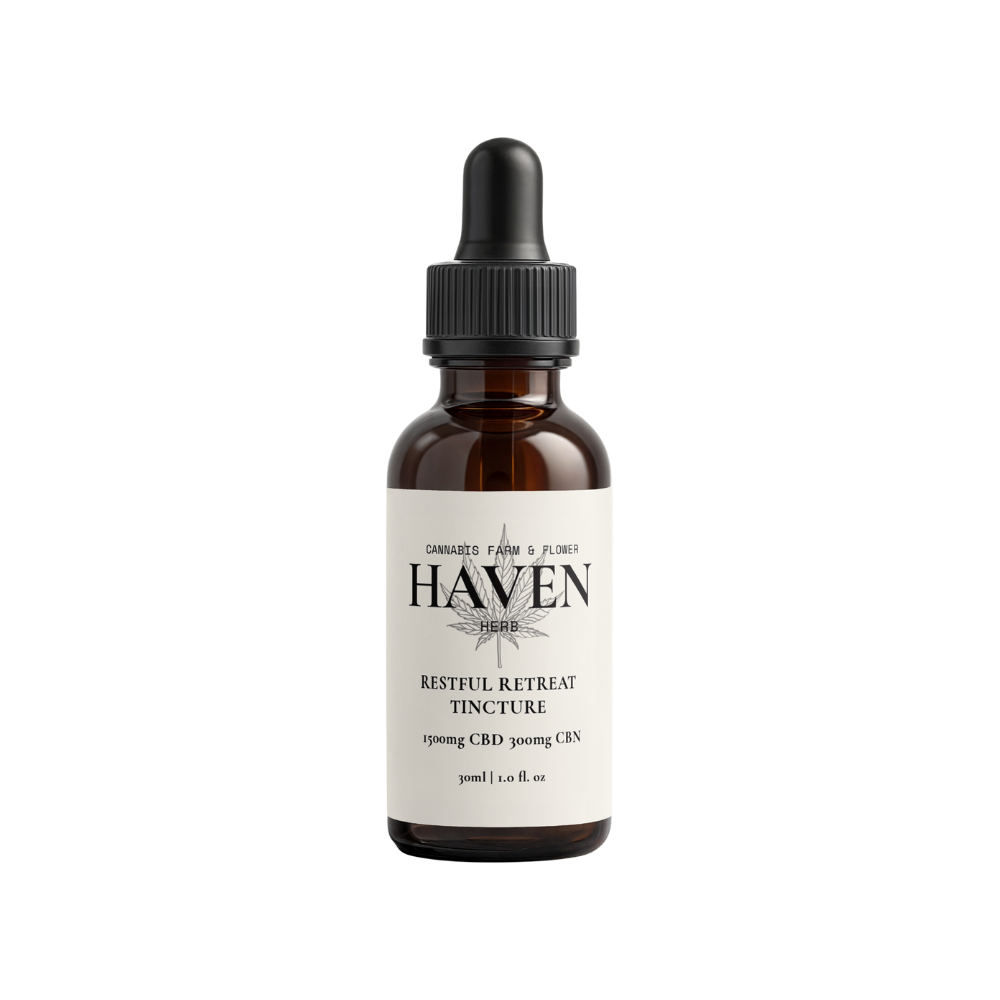 Haven Herb Restful Retreat Tincture with 1500mg CBD and 300mg CBN in amber dropper bottle