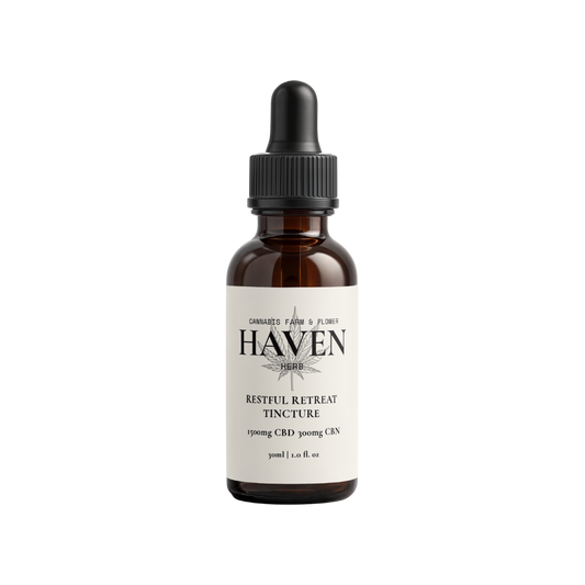 Haven Herb Restful Retreat Tincture with 1500mg CBD and 300mg CBN in amber dropper bottle