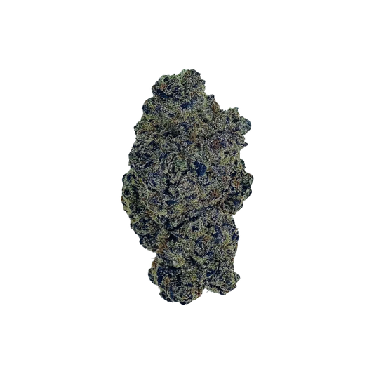 Haven Herb premium indica flower dense bud with trichomes on black background
