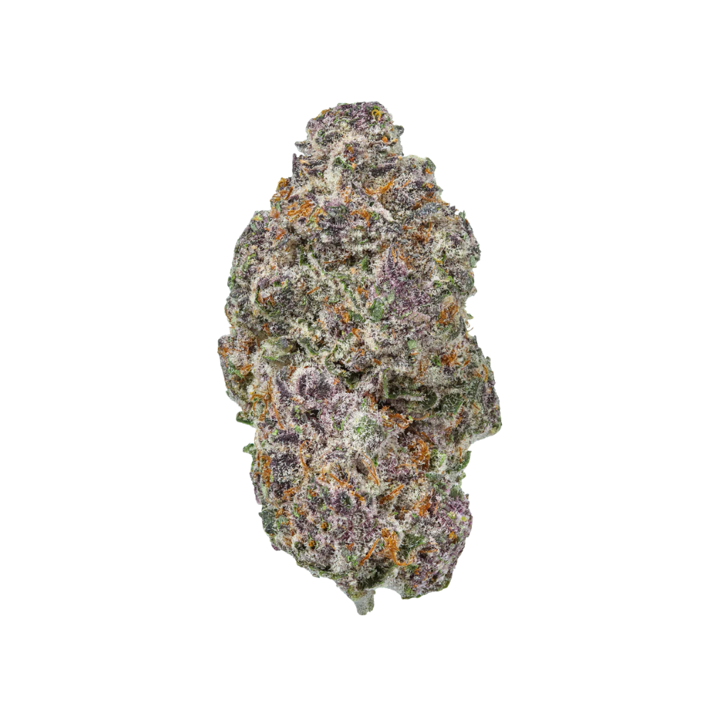 Haven Herb premium indica thca strain flower with dense trichomes and purple hues isolated on white