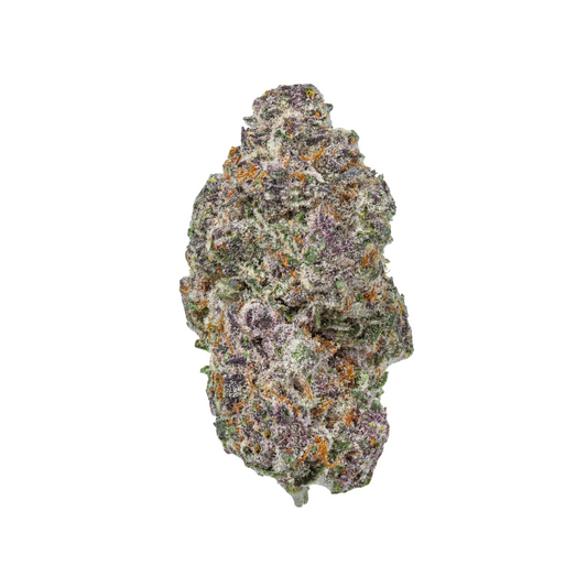 Haven Herb premium indica thca strain flower with dense trichomes and purple hues isolated on white