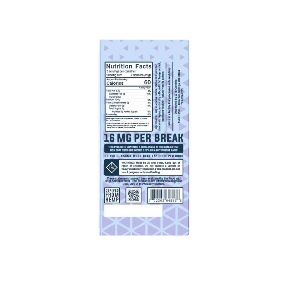 Haven Herb purple hemp edible box back showing nutrition facts calories 60 16 MG PER BREAK dosage warning