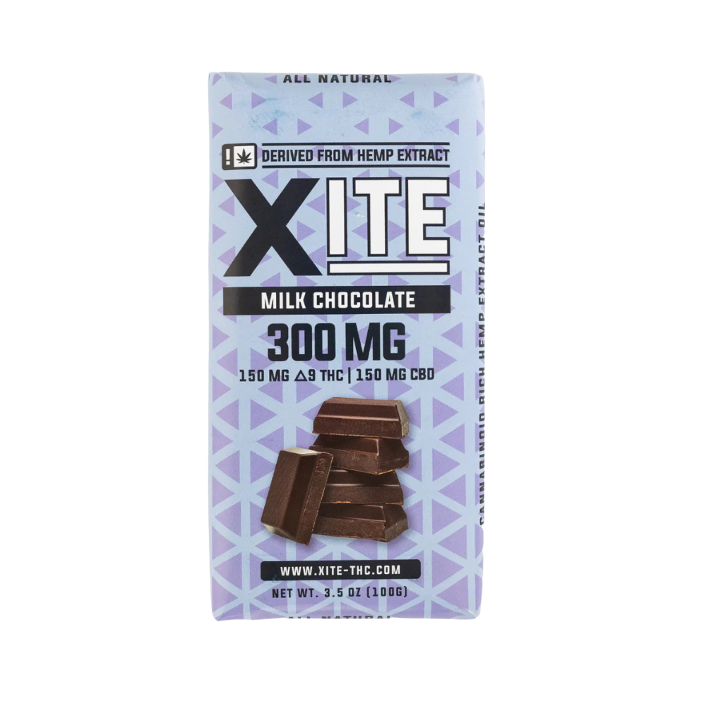 Haven Herb XITE milk chocolate hemp bar 300 mg 150 mg THC 150 mg CBD purple geometric wrapper