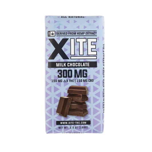 Haven Herb XITE milk chocolate hemp bar 300 mg 150 mg THC 150 mg CBD purple geometric wrapper